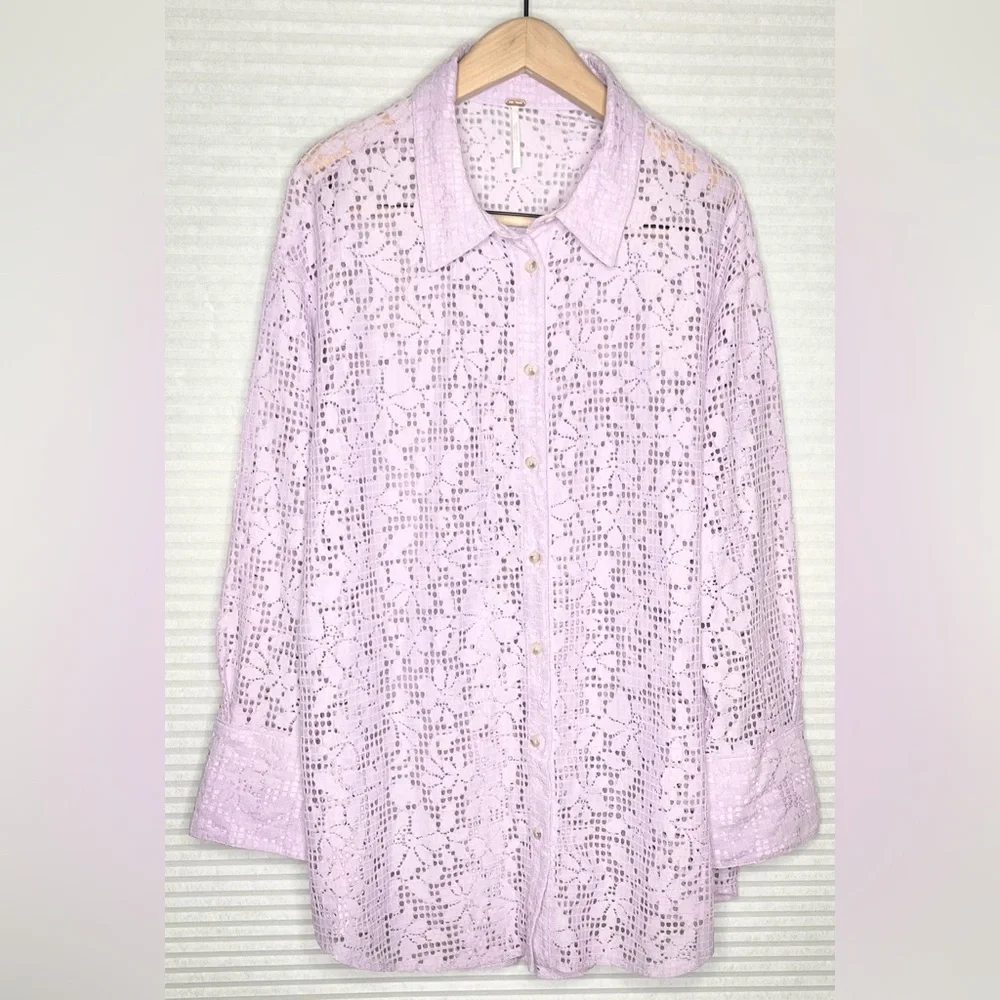 FREE PEOPLE in your dreams lace button down lavender XL oversized lace bohemian